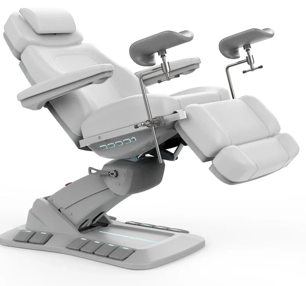 Elektryczne łóżko zabiegowe RAMON GYNO DELUX E4 – obrotowe, białe, PVC w jakości medycznej